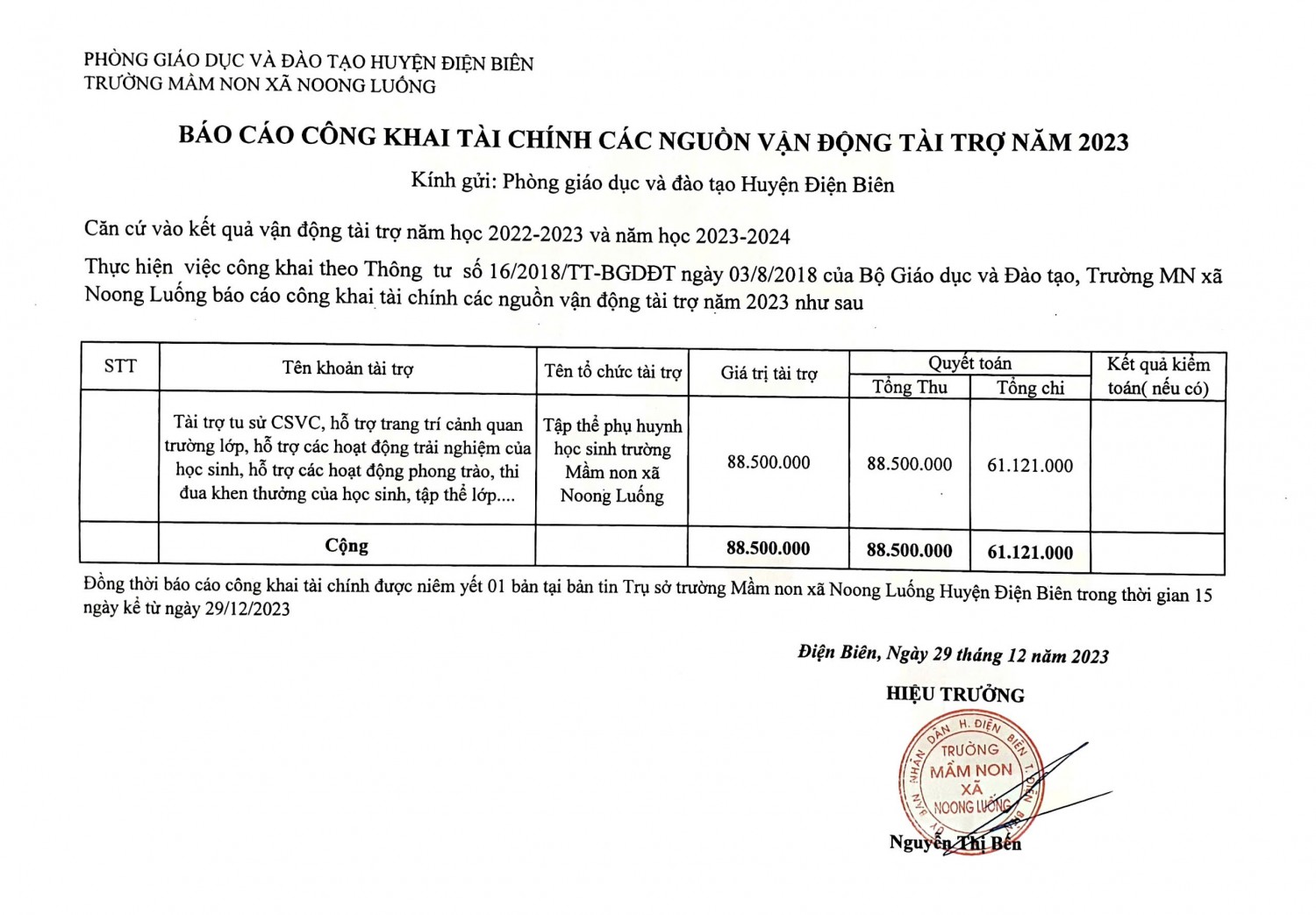 Báo cáo công khai tài chính các nguồn vận động tài trợ năm 2023